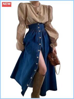 High Waist Denim Maxi Skirt Button Down A-Line Swing Jean Skirt Pockets